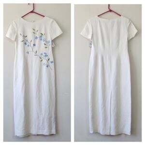 Talbots Petites Ivory Linen Floral Embroidery Sheath Midi Dress Size 4P